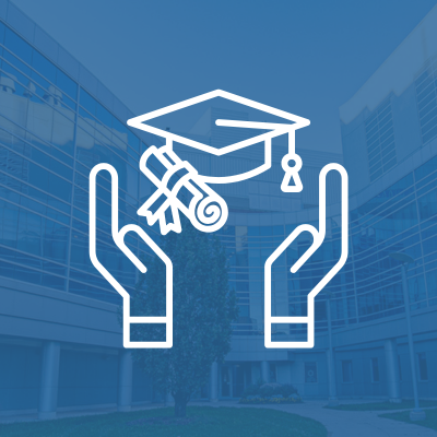white icon depicting hands supporting gradation cap and diploma on a blue background