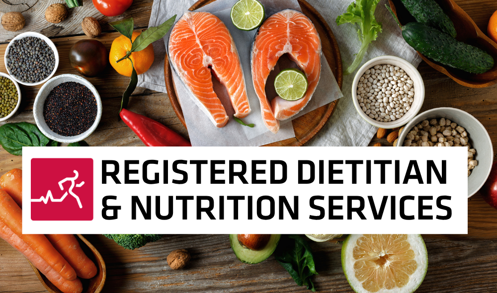 HPC Guelph Sports Registered Dietitian & Nutrition Services text over various healthy foods and weights.
