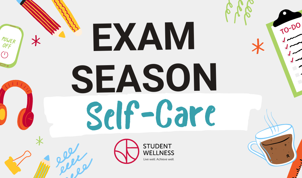 Exam Season Self Care Student Wellness. Various colourful self care and academic illustrations