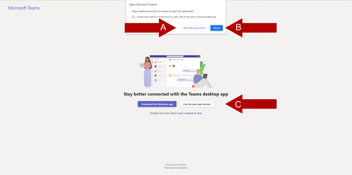 Screenshot showing the pop-up window with the option to open in Teams or cancel.