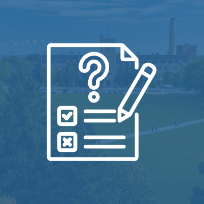 white Icon with question mark and checklist on blue background