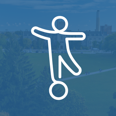 white icon of someone balancing on a ball over a blue background