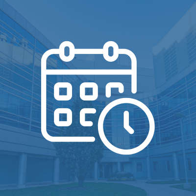 white calendar and clock icon on a blue background