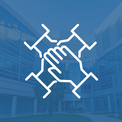 white icon of hands in depicting a support team on a blue background