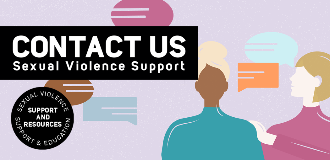 Illustration of two people with speech bubbles around them. Text reads Contact Us: Sexual violence support