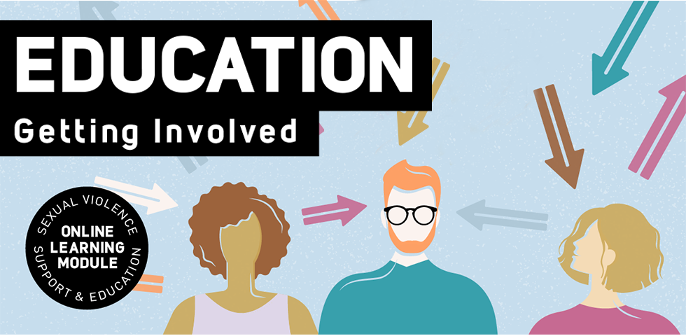 Illustration of three people surrounded by arrows and text that reads Education: Getting Involved