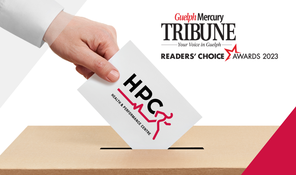 Hand placing ballot with HPC logo in box; Guelph Mercury Tribune logo; Readers' Choice Awards 2023