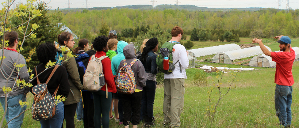 Group of students on a hill overlooking 3 greenhouses