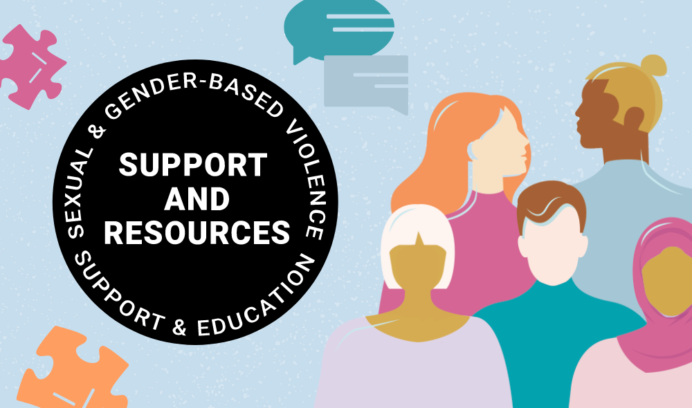 Illustrations of a diverse group of students and text in a black circle that reads Sexual and Gender-Based Violence Support and Education 