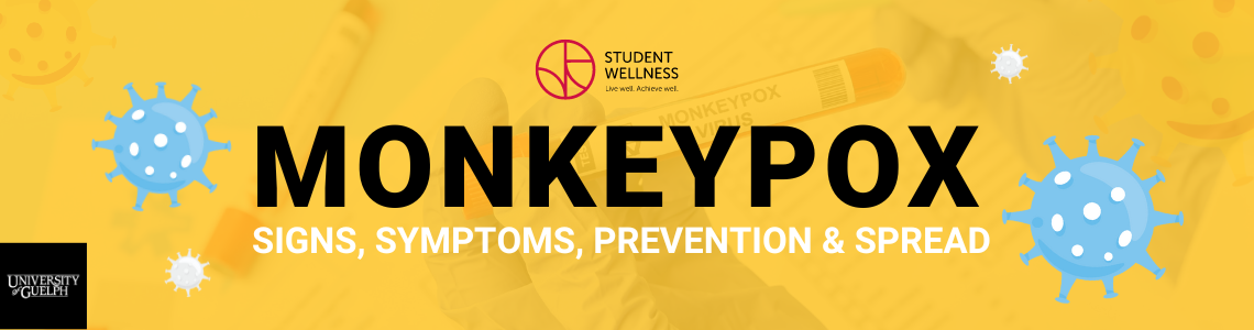 University of Guelph and Student Wellness logos with text that reads Monkeypox signs, symptoms, prevention and spread