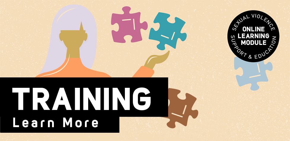 Illustration of a woman surrounded by puzzle pieces and text that reads Training: Learn More