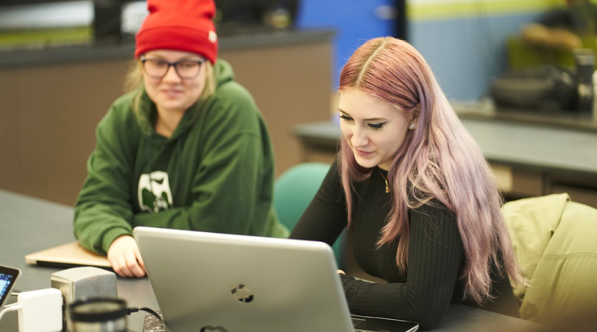 Two women sitting at a desk looking at a laptop