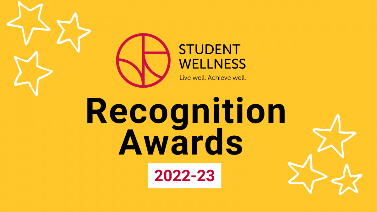 Student Wellness Services logo with text below reading Recognition Awards 2022-23 on yellow background with white stars