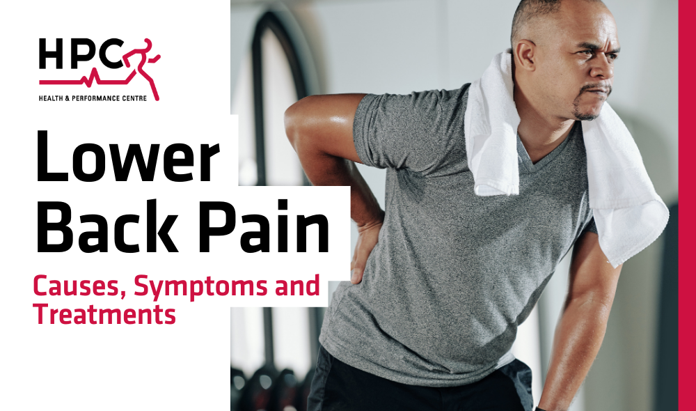HPC Guelph Physiotherapy Massage Chiropractor Lower Back Pain Causes, Symptoms and Treatments. Man hunched over holding lower pain in pain at the gym.