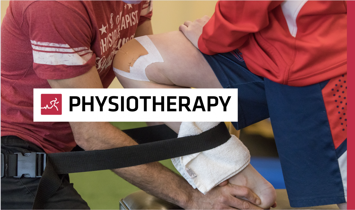 Guelph physiotherapist completing physiotherapy treatment on a knee. Text over image reads Physiotherapy