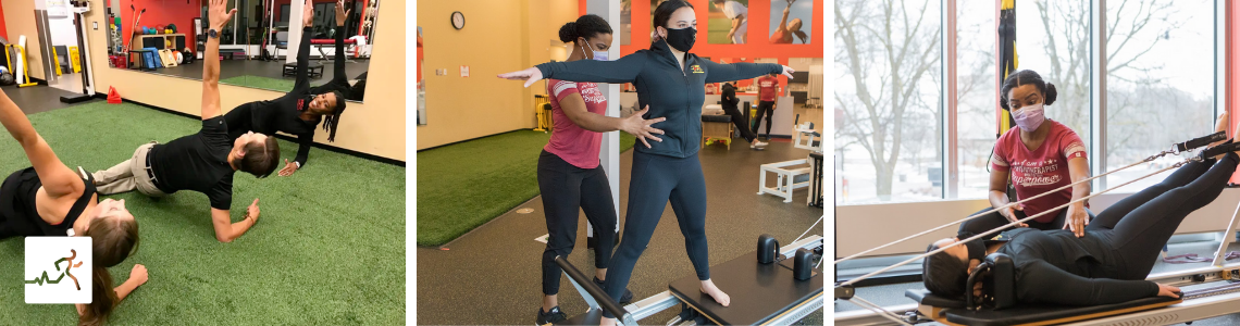 Three images showing physiotherapy pilates instruction at the Guelph Health and Performance Centre