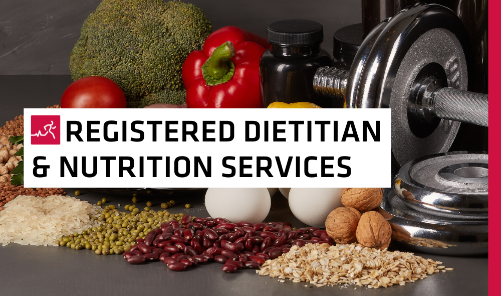 HPC Guelph Sports Registered Dietitian & Nutrition Services text over various healthy foods and weights. 