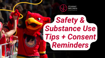 Gryphon mascot high-fiving a female student. Student Wellness logo with red text reading Safety & Substance Use Tips + Consent Reminders 