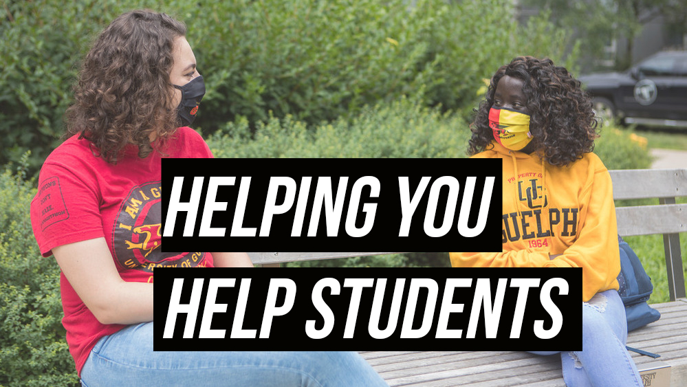 Two students sitting in front of a tree on a bench. Text on image reads: helping you, help students